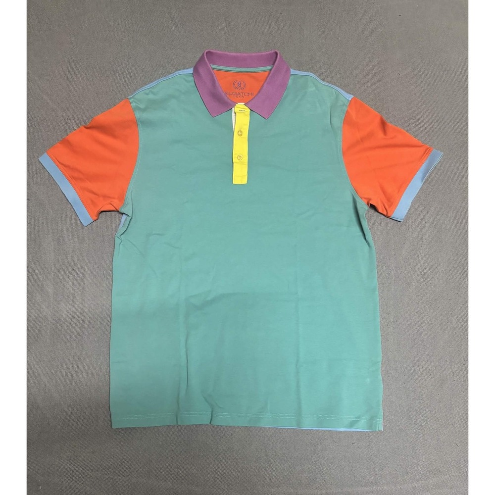 Bugatchi Uomo Mens Large L Colorblock Polo Shirt Multi Color Teal Orange Pima